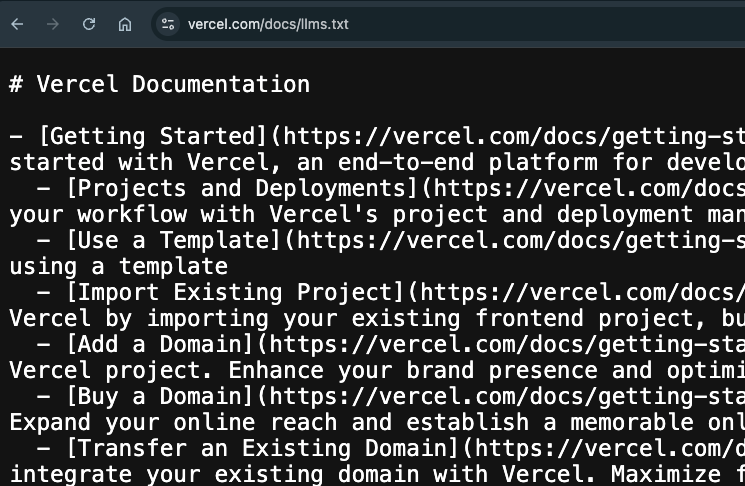 Vercel's llms.txt file showing markdown formatted documentation for an AI agent